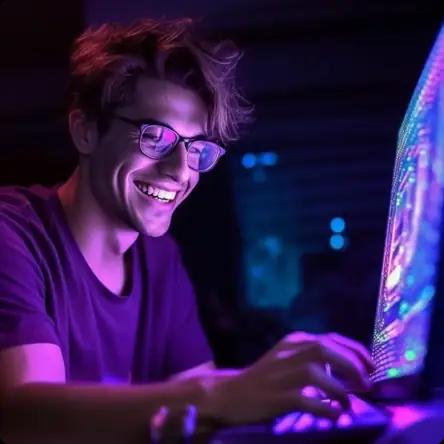 Focused person in glasses looking at computer monitor